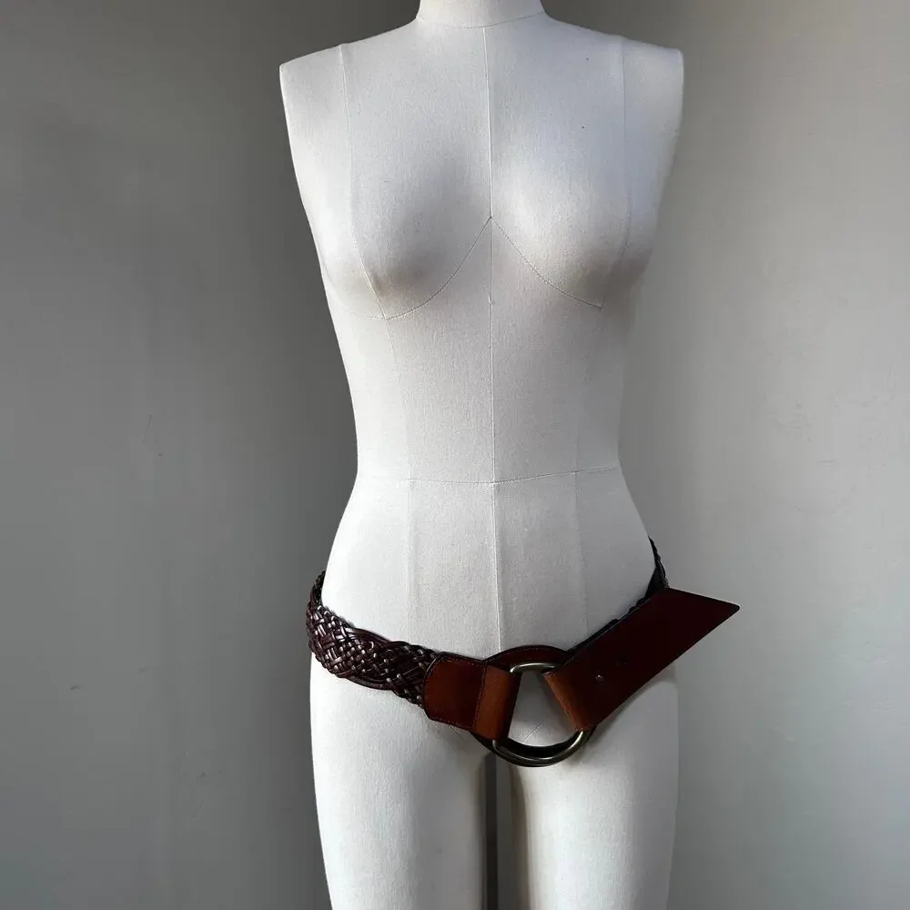 Wide Woven Leather Belt Brown Oversized Ring Buckle Boho Western Cowgirl Women M